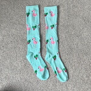 Aqua Knee-High Socks with Pink Flamingo Pattern